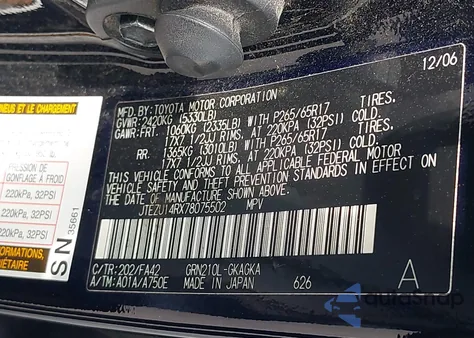 2007 Toyota 4Runner Sr5 V6 z USA, uszkodzony, nr VIN JTEZU14RX78075502